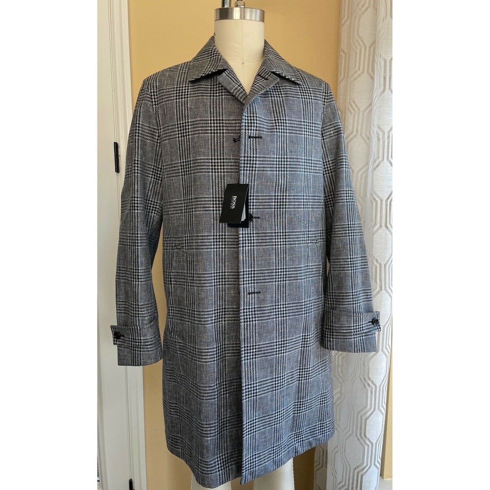 Hugo Boss Men's Black and White Plaid Cotton Blend Geroma Trench Coat, Size 40R